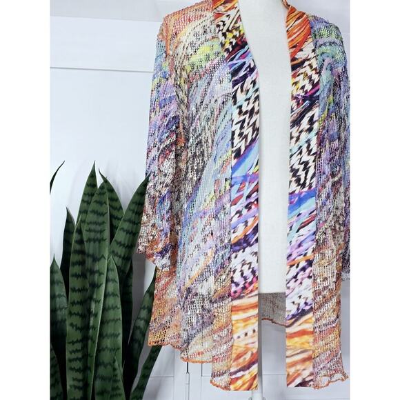 Serengeti Womens 1X Plus Tropical Burst Mesh Knit Cardigan Open Front 3Q Sleeve - Picture 4 of 6